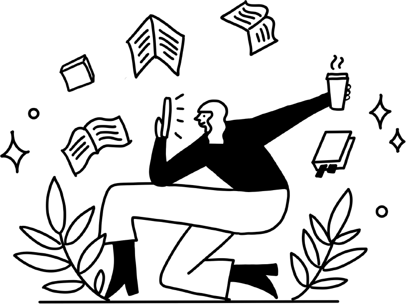 Line drawing of the side view of a girl looking at her phone. She is surrounded by learning materials.