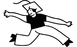 A black and white line drawing of a student wearing a graduation cap while running to the right but looking to the left