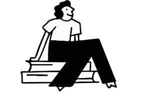 A black and white line drawing of a student sitting on a very large book