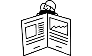 A black and white drawing of a student standing behind a life-size book that she opens